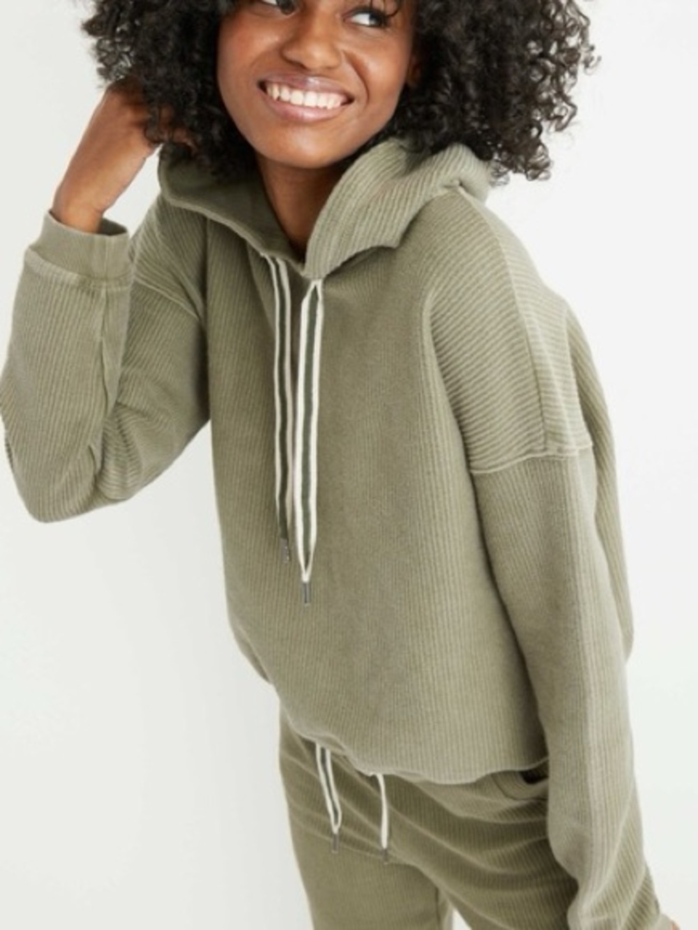 191. Aerie Olive Green Hooded Ribbed Pullover Shirt